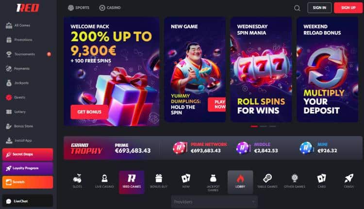 1Red - No Cruks casino met hoge bonus tot wel €9300